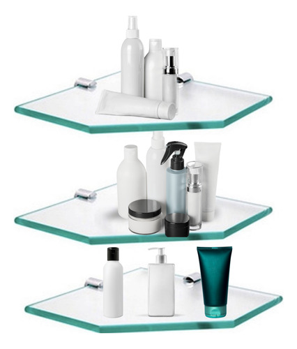 Design Moderno Kit 3 Prateleiras Vidro Canto Chanfrada 25x25 Incolor