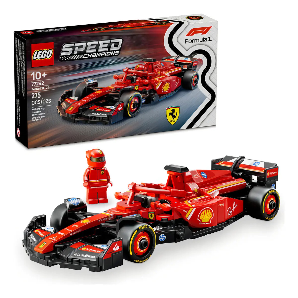 Conjunto de carros de corrida LEGO® Speed Champions Ferrari SF-24 F1® com veículo de brinquedo e piloto, modelo montável, conjunto com 1 minifigura, presente colecionável para cria