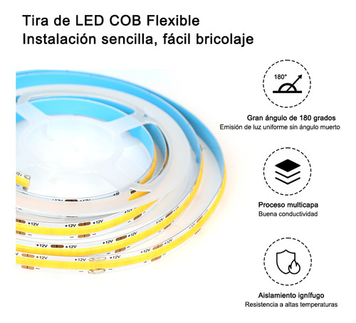 Tira De Luz Led Cob Flexible Tira Led Interior Luz Calida 2m