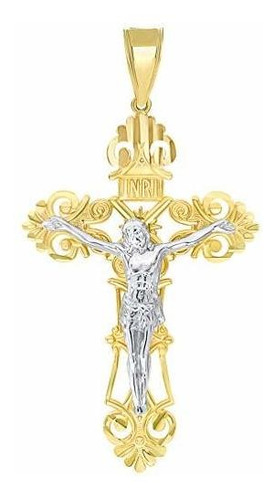 Cruz Católica Romana De Oro Macizo De Dos Tonos De 14 Quilat