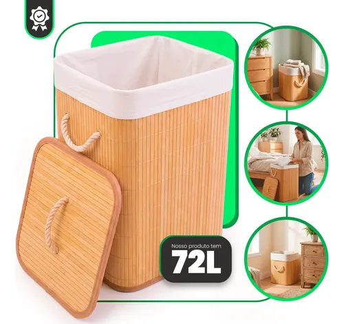 Cesto De Roupa Suja 72l De Bambu Dobrável Alças Malular