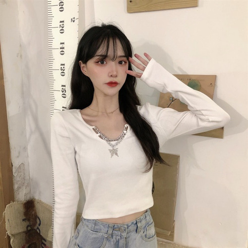 Camiseta Estampada Con Cuello En V Y Manga Larga Para Mujer