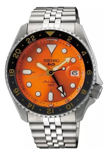 Reloj Seiko Automático Acero Inoxidable  Gmt Ssk005 Wr100 Color Del Fondo Naranja Color De La Malla Plateado Color Del Bisel Plateado