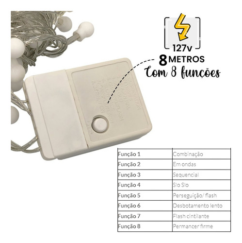 Varal Led Pisca Pisca 127v 8 Funções 100 Leds Branco Quente