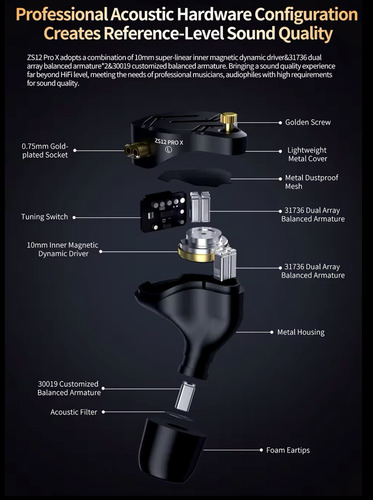 Kz Zs12 Pro X Auricular Metálico 1dd + 5ba Hifi Tuning Mic