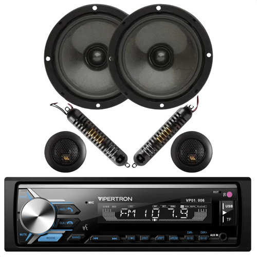 Kit Duas Vias 6 Polegadas Bravox 130w Rms Cs60bk Crossover E Tweeter + Radio Vipertron Som Automotivo Tnt Full