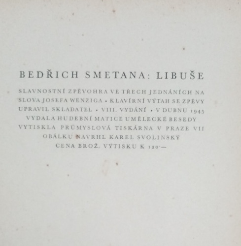Libue Slavnostní Zpvohra Ve 3 Jednáních, Canto Y Piano.