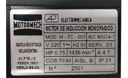 Imagen 4 de 6 de Motor 3/4 Hp Para Compresor De Agua / Bombeador Motormech S1