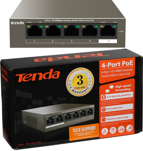 Switch Poe Tenda 5 Puertos Tef1105p-4- 63w Escritorio Rj45.