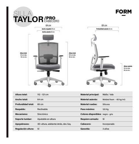 Silla Oficina Ergonómica Con Cabecero Taylor Gris Form Gris