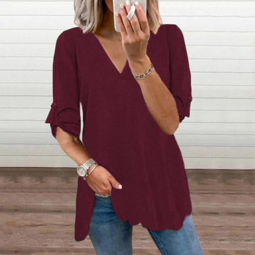 Blusa Casual De Manga Larga Con Cuello En V Y Blusa Lisa Par