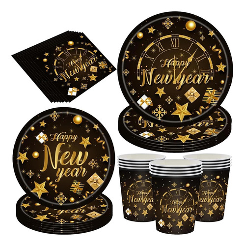 2025 Año Nuevo Juego De Vajillas 64 Pcs Negro Y Dorado Cenas