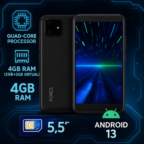 Celular Smartphone Foxxd A56 Android 13 4gb Ram (2+2gb) + Audífonos + Chip Telcel + Microsd 64gb Barato Negro