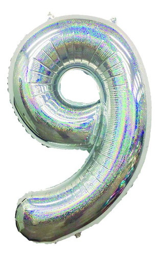 Balão Metalizado Para Festas Nº 9 Prateado Holográfico 101cm