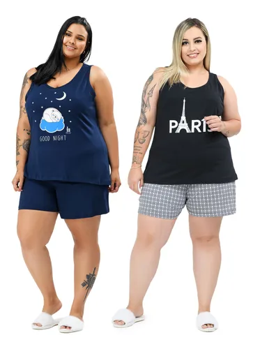 Kit 2 Pijamas Regata Feminino Plus Size Curve De Algodão