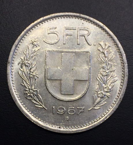 Swi135 Moneda Suiza 5 Francs 1967 Xf-au Plata Ayff