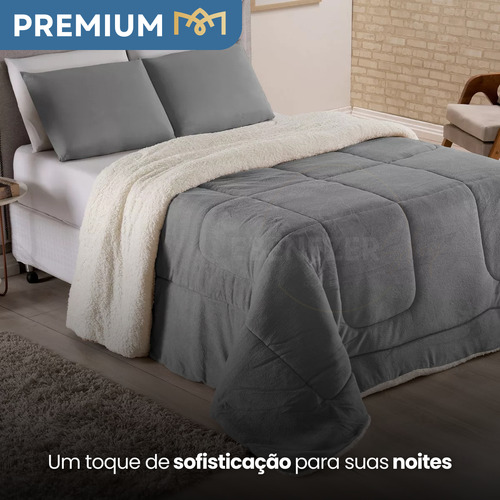 Edredom Sherpa Cobertor E Coberdrom Casal Queen Size Super Macio Grosso Pele Lã Carneiro Cor Cinza
