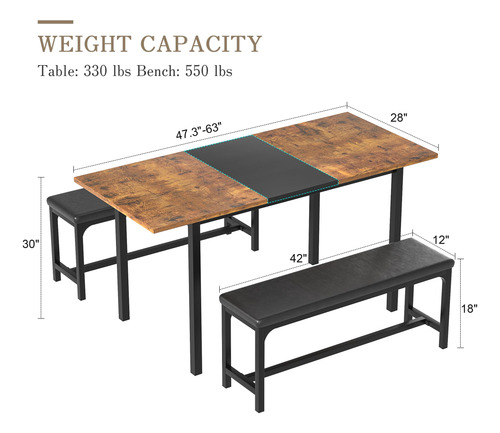 Vecelo Mesa De Cocina Extensible De 3 Piezas De 63 Pulgadas Color De La Tapa Color De Las Patas