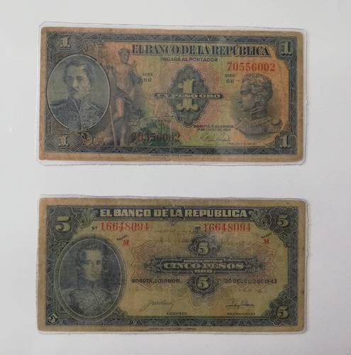 Billetes De Colombia De  5 Y 1 Pesos Oro 