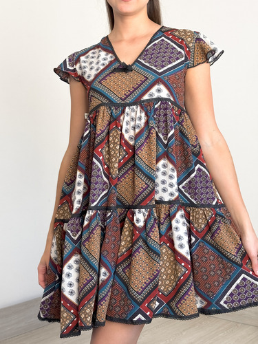 Vestido Bohemio Casual Estampa Patchwork Pañuelo Boho Chic