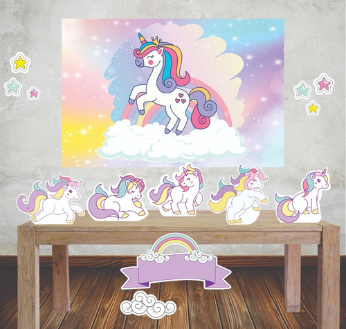 Imagem 1 de 5 de Kit Painel Poli Banner + Displays Festa Unicórnio