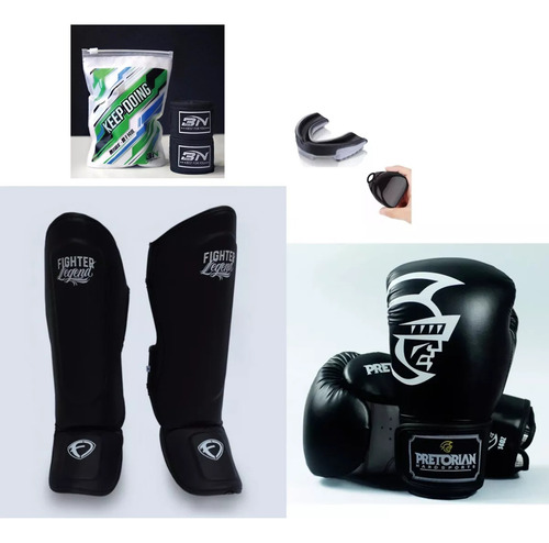 Paquete: Espinilleras Legend + Guantes Pret + Bucal + Vendas