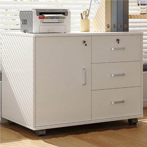 Archivero Madera 3 Cajones Para Oficina Con Llave 4 Ruedas Blanco