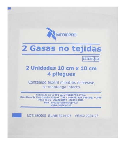 Gasa No Tejida Esteril 10 X 10 Cm, Caja X 50 Sobres X 2 Unds