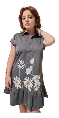 Vestido Importado Gris Tela Símil Jean Flores Cuello Camiser