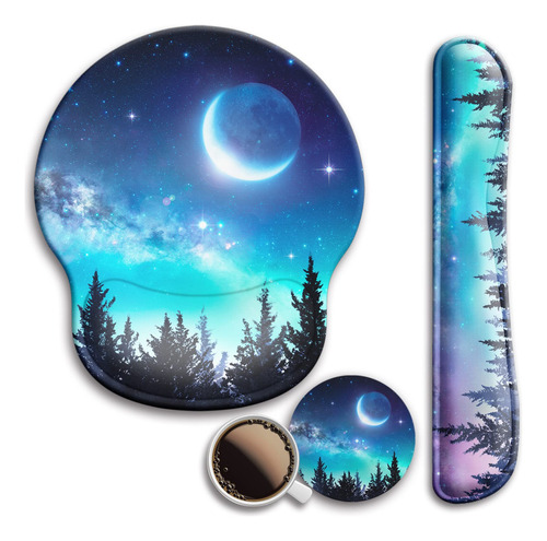 Mouse Pad C/reposamuñeca Y Posavasos- Luna En El Bosque