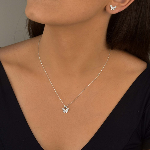 Conjunto Colar Brinco Pingente Borboleta Cravejada Prata 925