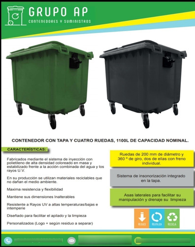 Imagen 4 de 5 de Contenedor Basura 1100 Litros-lts/tacho- Varios Colores!!