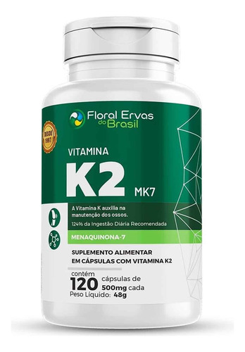 Vitamina K2 Mk-7 120 Cps 500mg Menaquinona 7 Floral Ervas