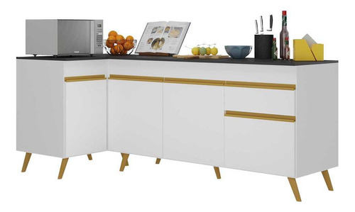 Kit Balcão Cozinha E Gabinete Pia Veneza Multimóveis Mp2158 Cor Branco/Dourado