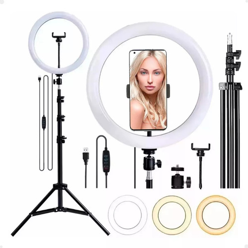 Ring Light LED 26cm 10" com dimmer e Tripé Ajustável Suporte para Celular e 3 Cores de Luz Marca Lorben