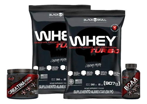 Combo 2x Whey Turbo + Bcaa + Creatina Power Bruthal Sabor Morango