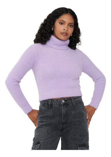 Sweater Mujer Crop Cuello Tortuga Lila Corona