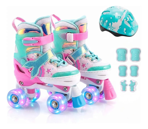 Patins Infantil 4 Rodas Sereia Ajustável Kit Proteção Menina Verde - (p)