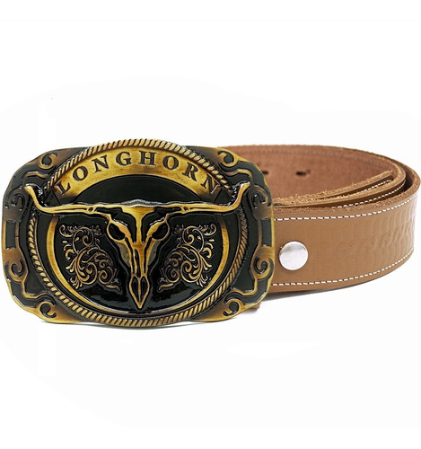 Cinto Couro Country Com Fivela Cowboy Longhorn Ouro Velho