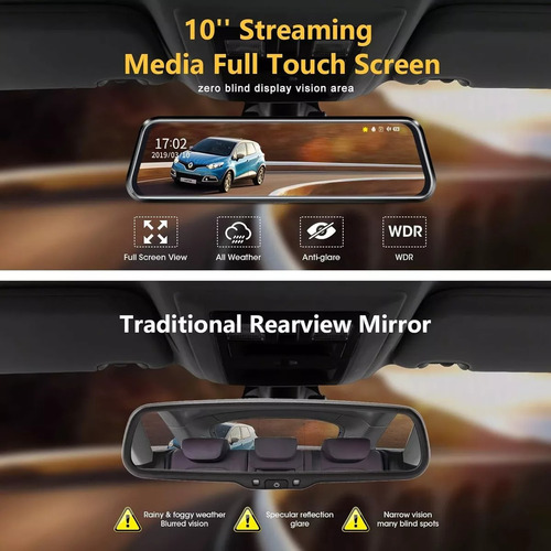 Dashcam 10'' Retrovisor Cámara Grabadora Trasera Y Frontal