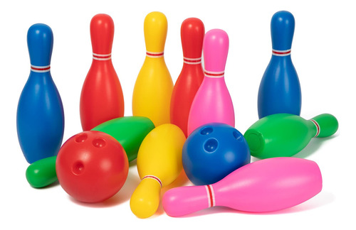 Boliche De Plastico Para Niños 10 Pinos Y 2 Bolas Multicolor Liso