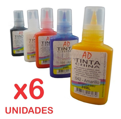 6 Tinta China Ad Colores No Toxica 24ml Soluble En Agua