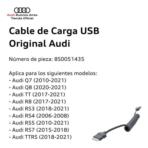 Imagen 3 de 6 de Cable De Carga Usb Audi Ttrs Iii Desde 2017