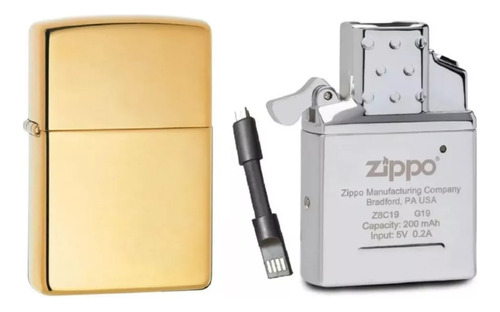 Encendedor Zippo Dorado + Insert Zippo Usb Recargable.