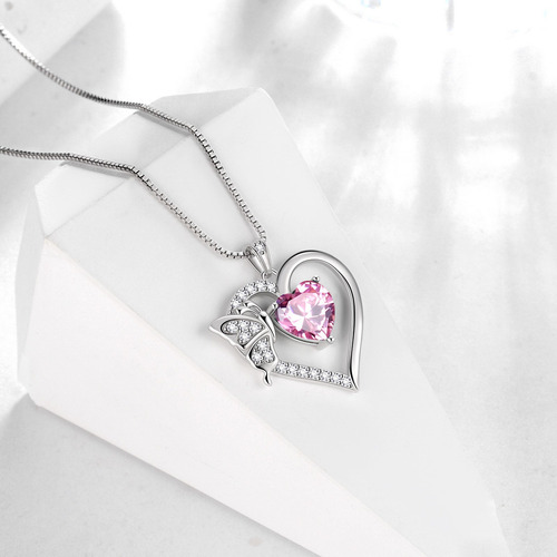 Collar Cadena De Plata 925 Con Dije De Corazón Para Mujer Color Rosa - Octubre