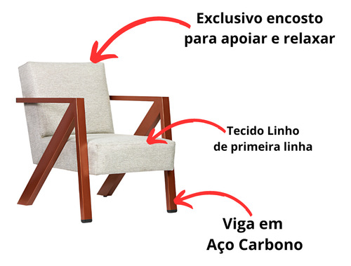 Poltrona Texas 1 Lugar Linho Bege Base De Aço Bronze