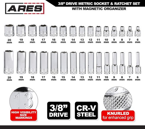 Ares 47004-juego De Llaves Métricas De 3/8 Pulgadas Y Trinqu