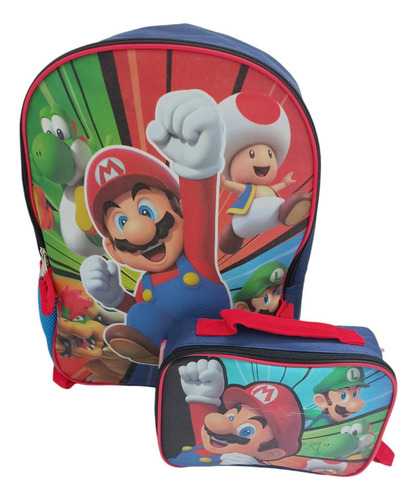 Mochila Backpack De Super Mario Y Luigi Con Lonchera Bioworld Color Diseño De La Tela Estampado