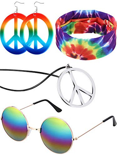 Juego De Disfraces Hippie De 4 Piezas, Gafas, Signo De La Pa