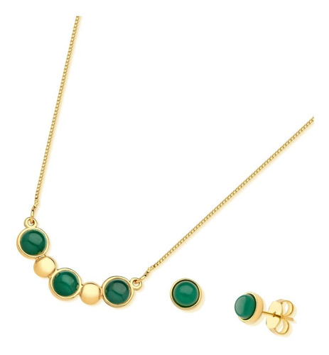 Conjunto Semi Joia Banho Ouro E Pedra Ágata Verde